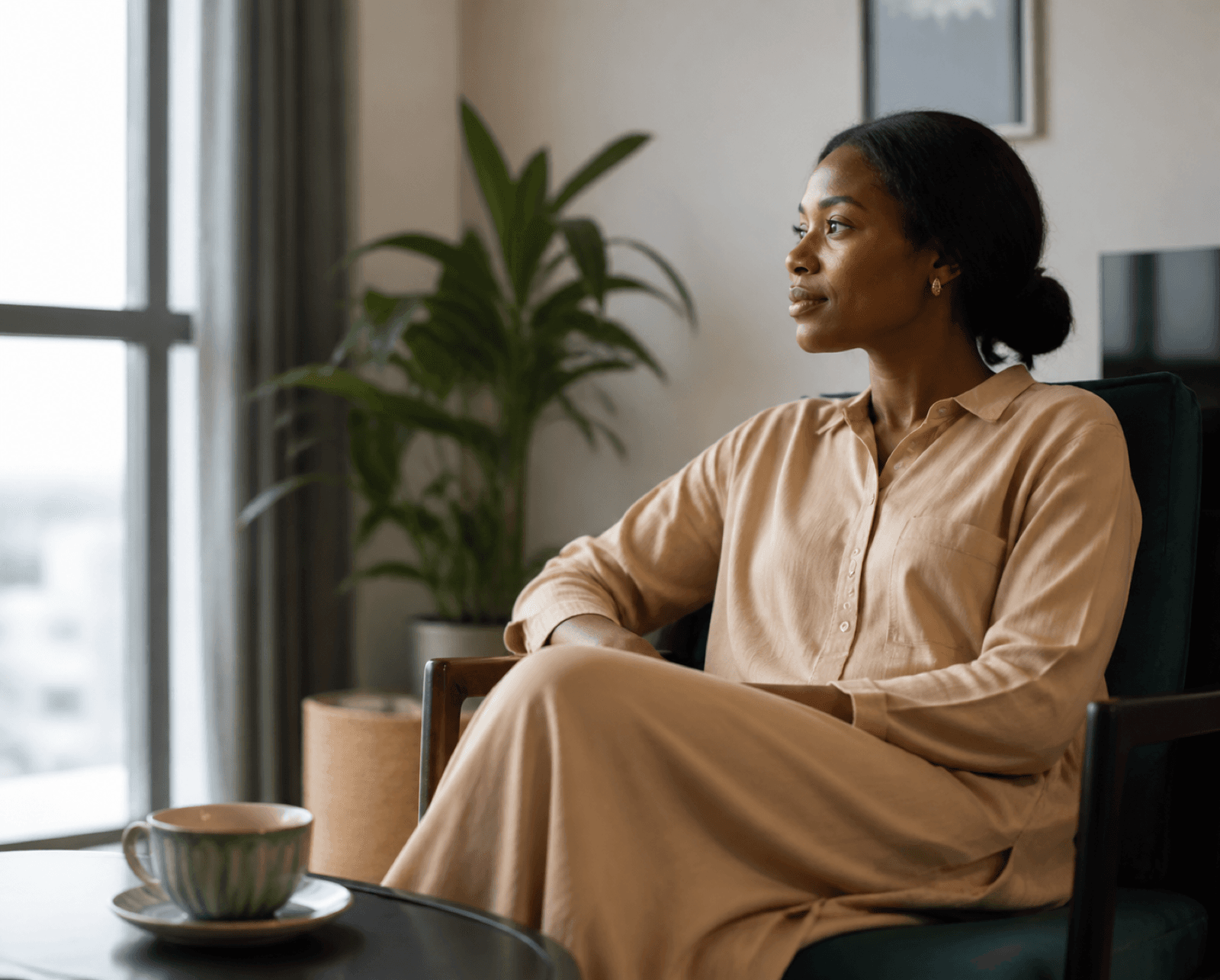 A woman feeling at ease in a warm, private home setting