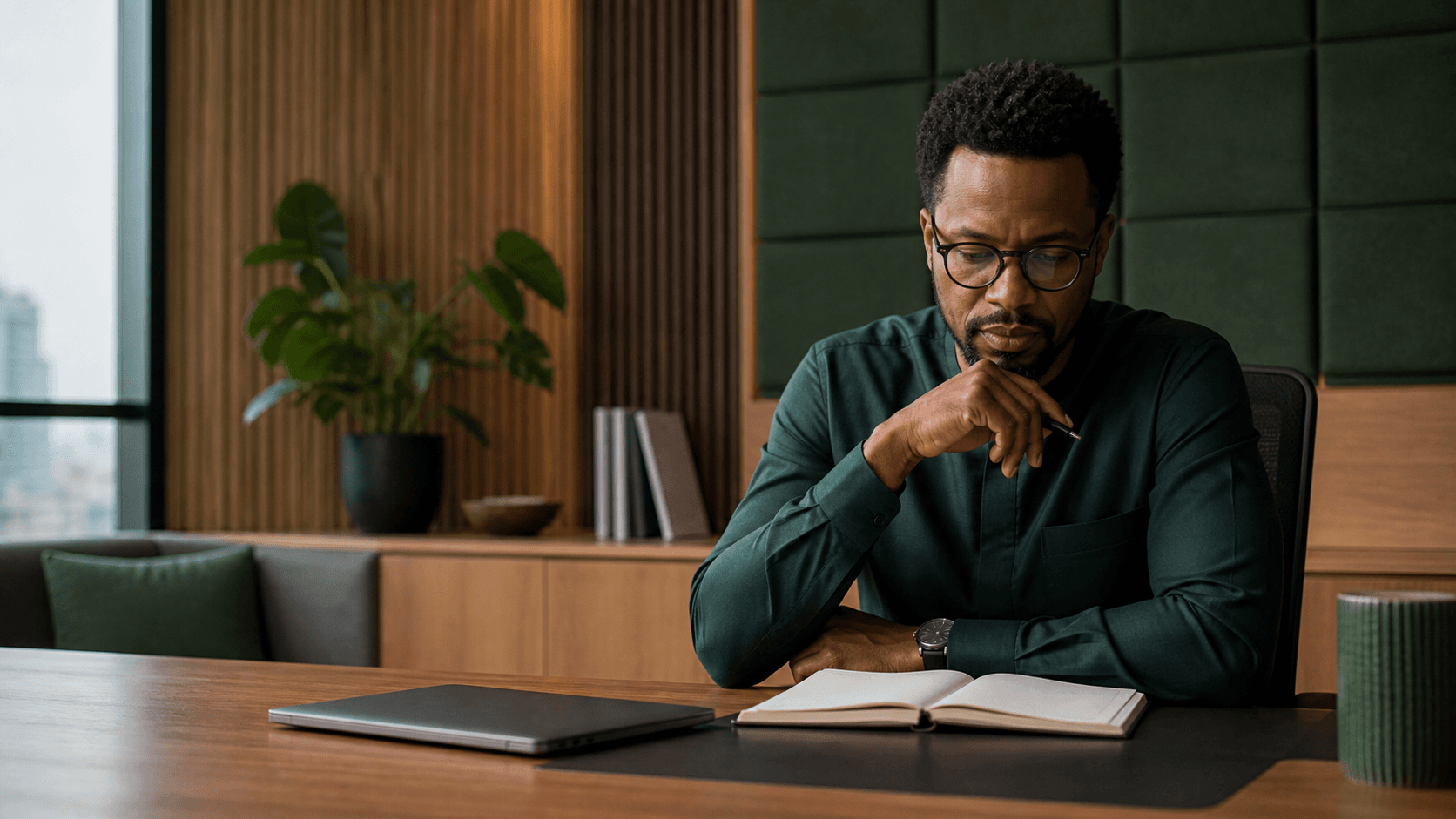 A mental-health professional preparing thoughtfully in a private office